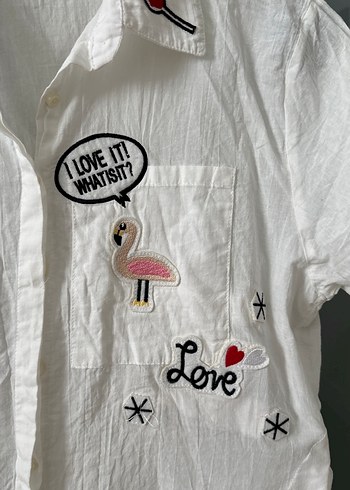 Nakışlı Beyaz Kısa Kollu Kadın keten Gömlek - Görsel 2