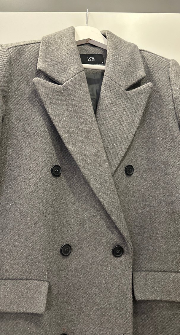 Gri Çift Düğmeli Uzun Kaban - Görsel 3