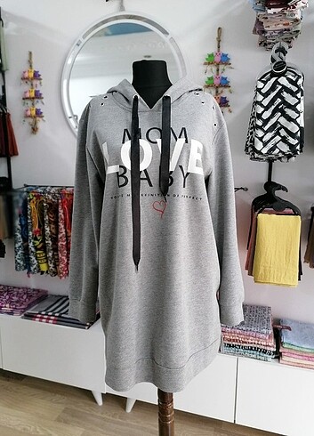 Gri Kapşonlu Spor Tunik