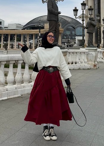 Zara Bordo Etnik Desenli Salaş Midi Etek