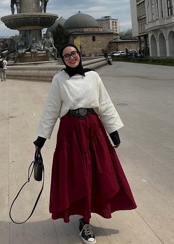 38 Beden Bordo Etnik Desenli Salaş Midi Etek