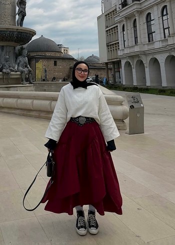 Bordo Etnik Desenli Salaş Midi Etek