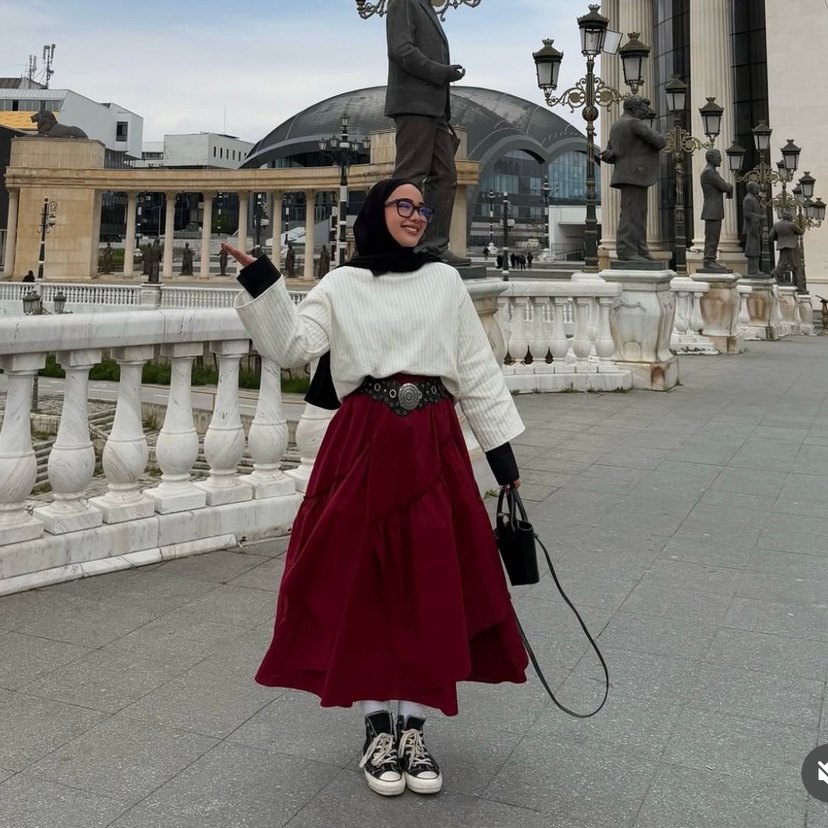 Bordo Etnik Desenli Salaş Midi Etek - Görsel 3