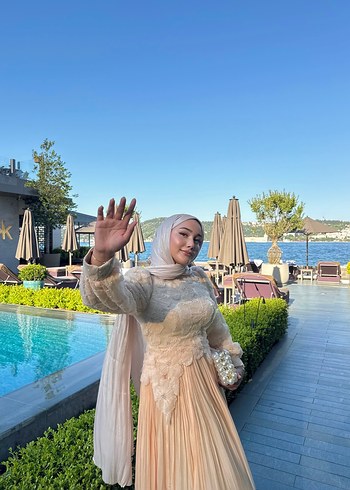 Bej Uzun Kol Bohem Drape Detaylı Kadın Elbise - Görsel 3