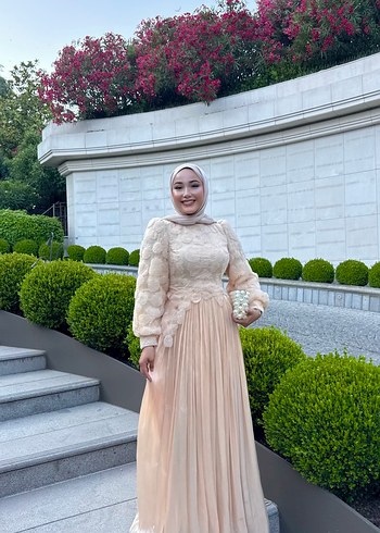 Bej Uzun Kol Bohem Drape Detaylı Kadın Elbise - Görsel 5