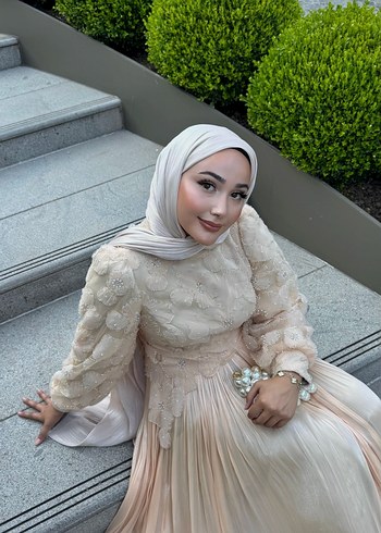 Bej Uzun Kol Bohem Drape Detaylı Kadın Elbise - Görsel 4