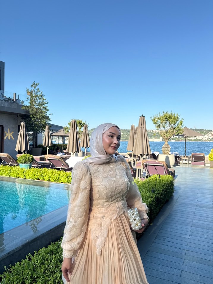 Bej Uzun Kol Bohem Drape Detaylı Kadın Elbise - Görsel 2