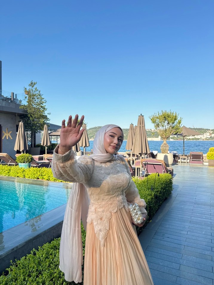 Bej Uzun Kol Bohem Drape Detaylı Kadın Elbise - Görsel 3