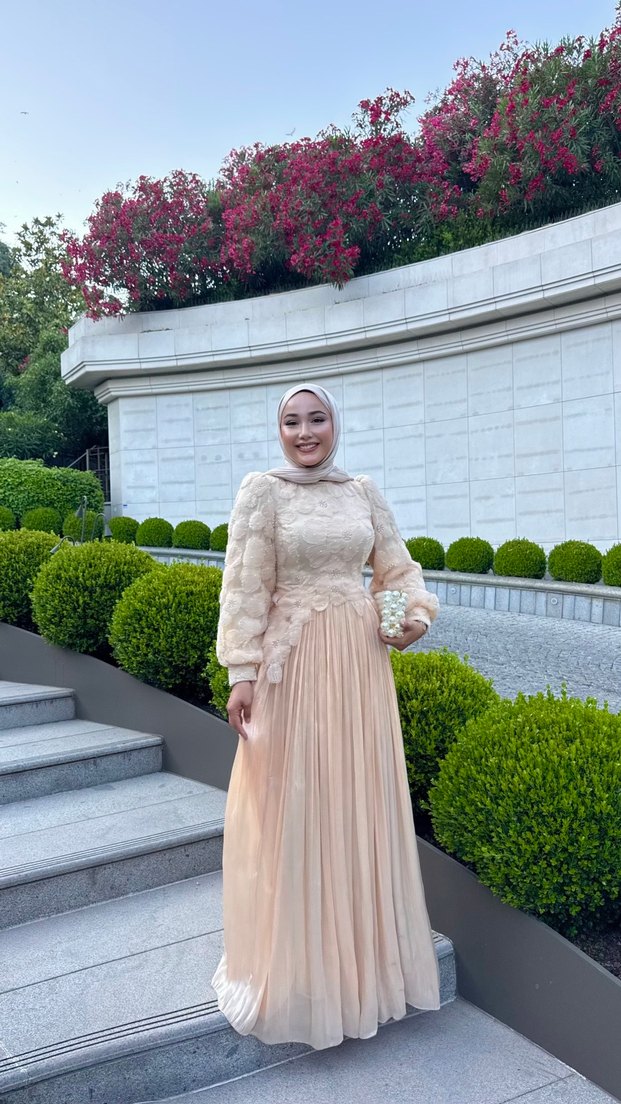 Bej Uzun Kol Bohem Drape Detaylı Kadın Elbise - Görsel 5