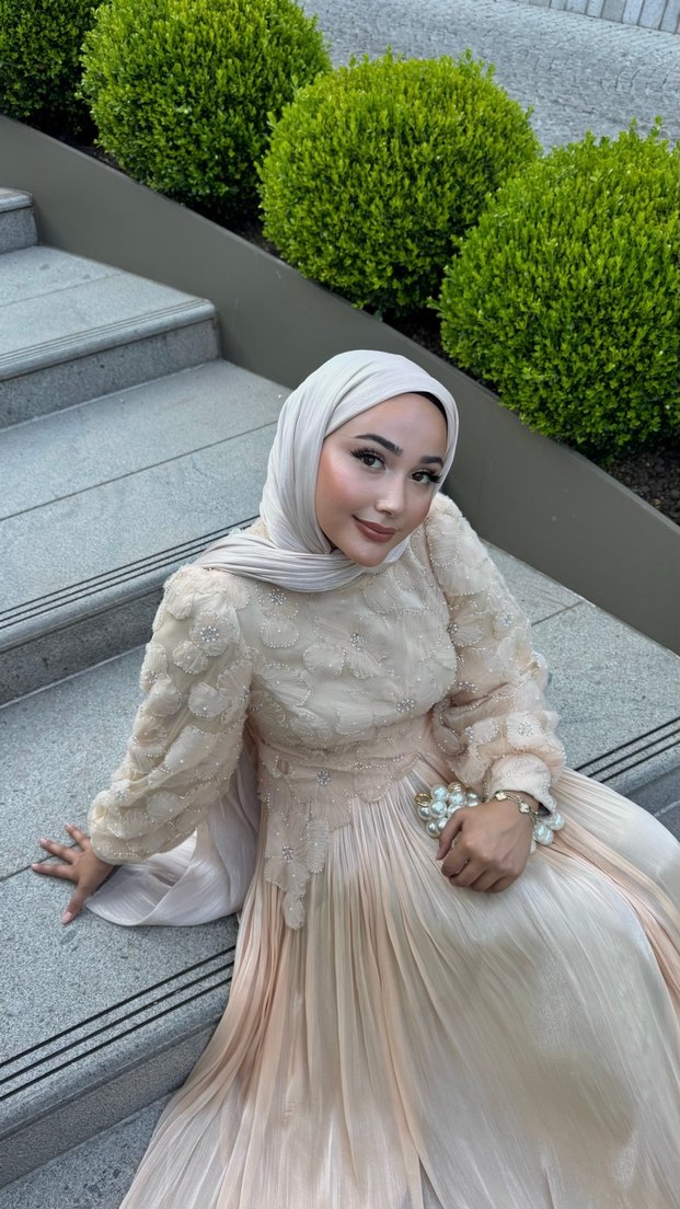 Bej Uzun Kol Bohem Drape Detaylı Kadın Elbise - Görsel 4