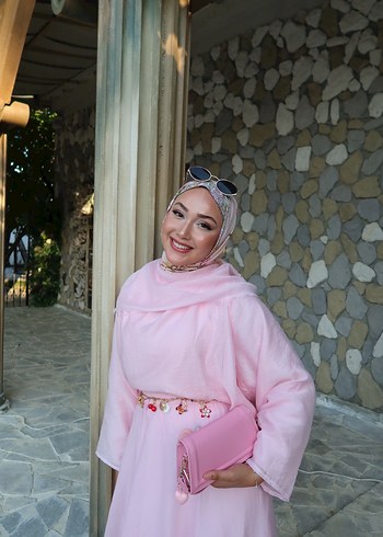 38 Beden pembe Renk Pembe Bohem Uzun Salaş Kadın Takım