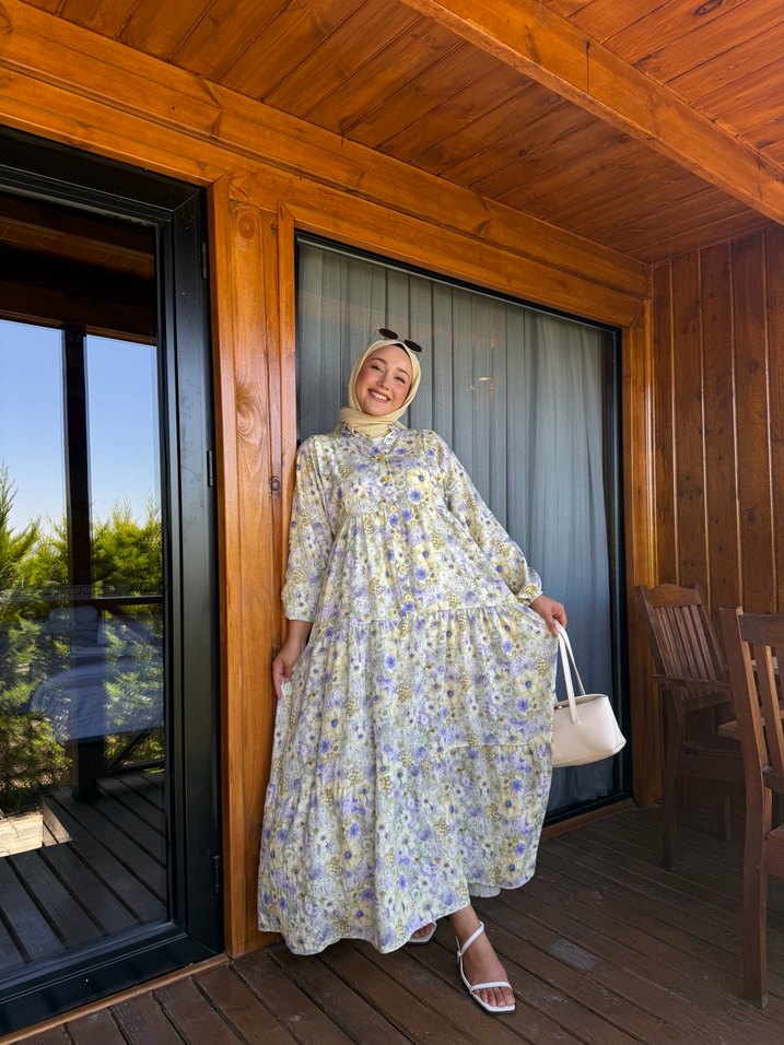 Bohem Uzun Sarı Pamuklu Elbise - Görsel 2