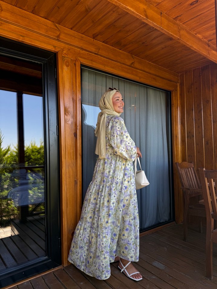 Bohem Uzun Sarı Pamuklu Elbise - Görsel 3