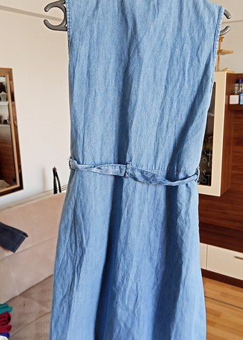 Defacto Düğmeli Kolsuz Mavi Denim Midi Elbise