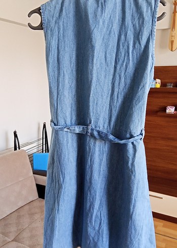 xs Beden Düğmeli Kolsuz Mavi Denim Midi Elbise