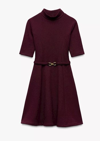 Bordo Kemerli Yarım Kollu Triko Elbise