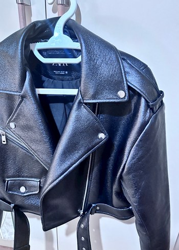m Beden Kemer Detaylı kahve Mini Deri Biker Ceket