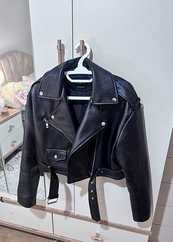 Kemer Detaylı kahve Mini Deri Biker Ceket