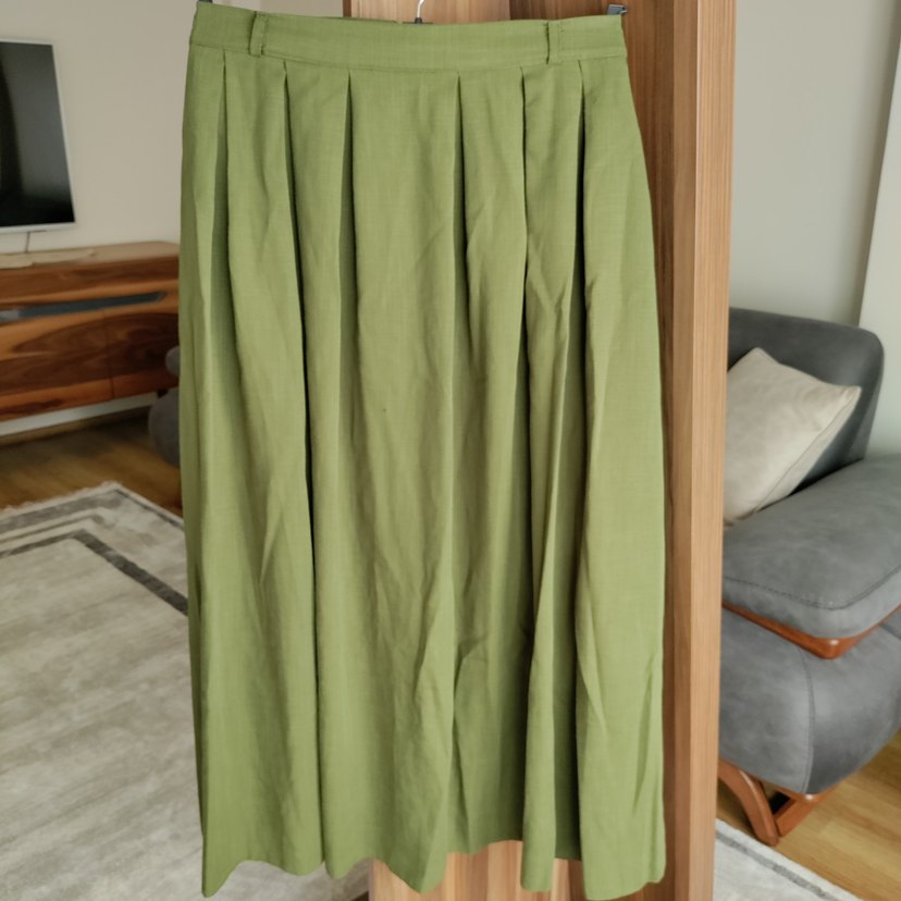 Kadın Keten Pilili Uzun Etek - Haki - Görsel 3