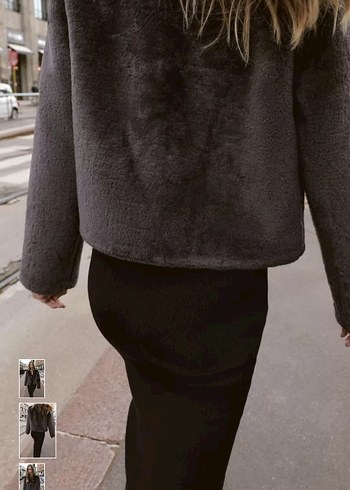 Gri Kadın Kürk Detaylı Midi Ceket - Görsel 2