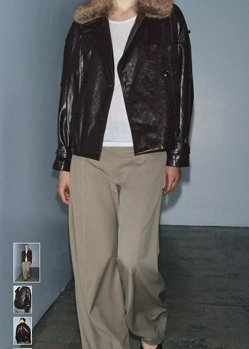 Kürk Detaylı Siyah Deri Biker Ceket - Görsel 2