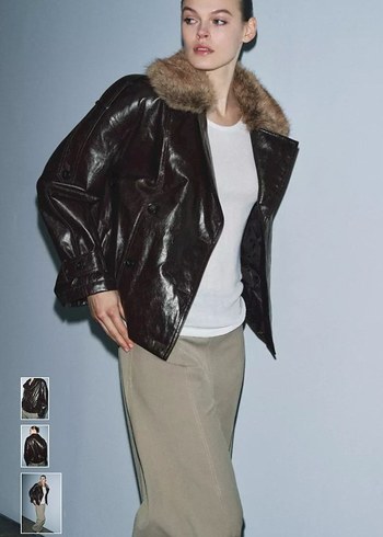 Kürk Detaylı Siyah Deri Biker Ceket - Görsel 5