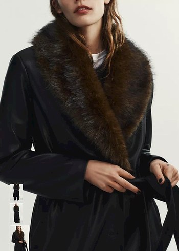 Kahverengi Deri Uzun Kürk Detaylı Kadın Kaban - Görsel 3