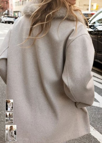 Gri Suni Kürklü Midi Boy Rahat Kesim Kadın Mont - Görsel 3