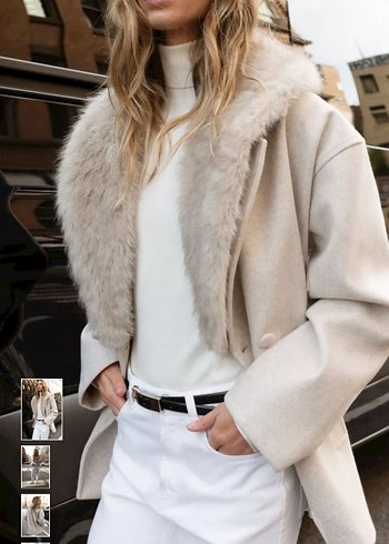 Gri Suni Kürklü Midi Boy Rahat Kesim Kadın Mont - Görsel 6