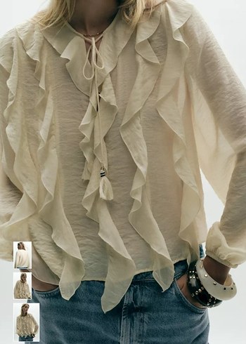 Bej Volanlı Uzun Kollu Keten Bluz - Görsel 2