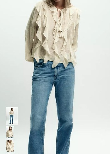 Bej Volanlı Uzun Kollu Keten Bluz - Görsel 5