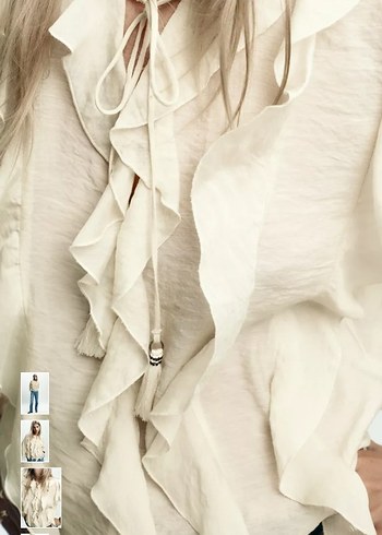 Bej Volanlı Uzun Kollu Keten Bluz - Görsel 3