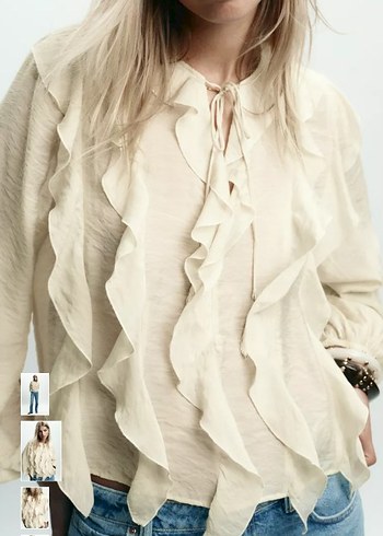 Bej Volanlı Uzun Kollu Keten Bluz - Görsel 4