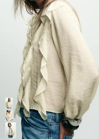 Bej Volanlı Uzun Kollu Keten Bluz - Görsel 6