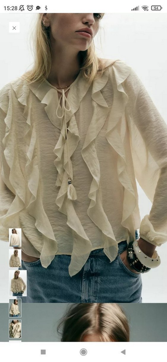 Bej Volanlı Uzun Kollu Keten Bluz - Görsel 2