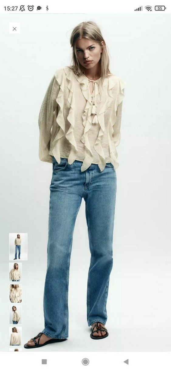 Bej Volanlı Uzun Kollu Keten Bluz - Görsel 5