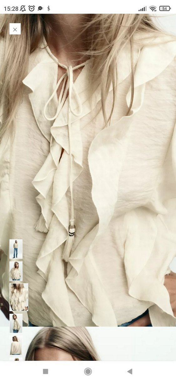 Bej Volanlı Uzun Kollu Keten Bluz - Görsel 3