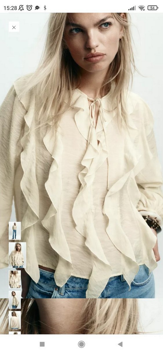 Bej Volanlı Uzun Kollu Keten Bluz - Görsel 4