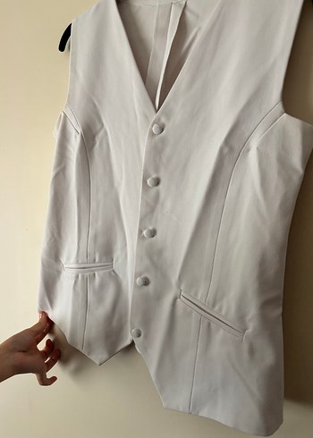 Düğmeli Beyaz Keten Kadın Yelek - Görsel 2