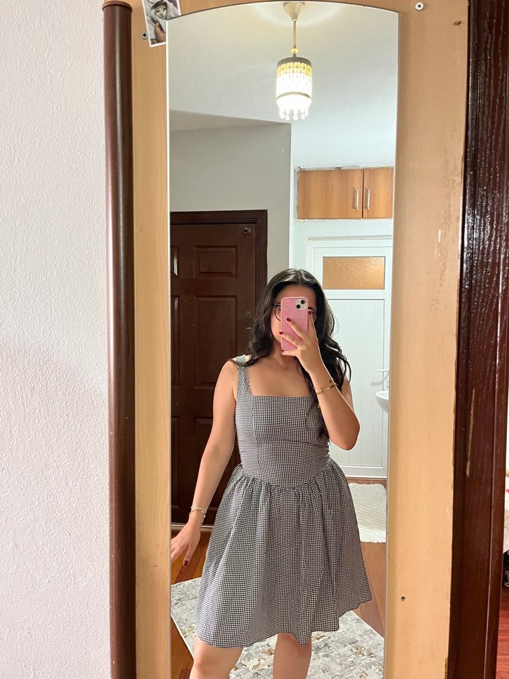 Gri Kareli Midi Straplez Elbise - Görsel 2