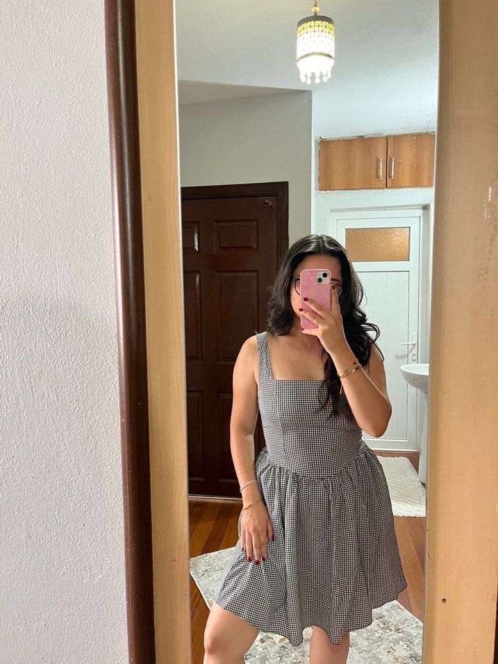 Gri Kareli Midi Straplez Elbise - Görsel 3