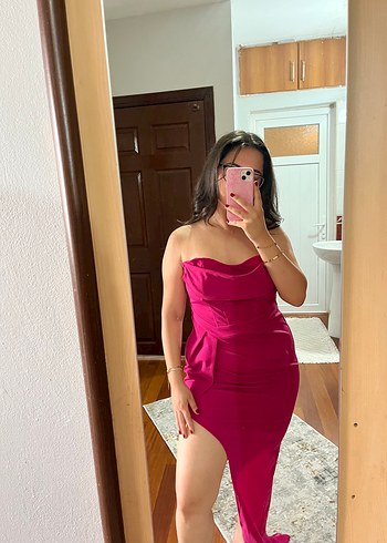 Pembe Straplez Saten Midi Elbise - Görsel 4