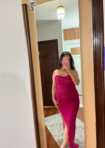 Pembe Straplez Saten Midi Elbise - Görsel 3