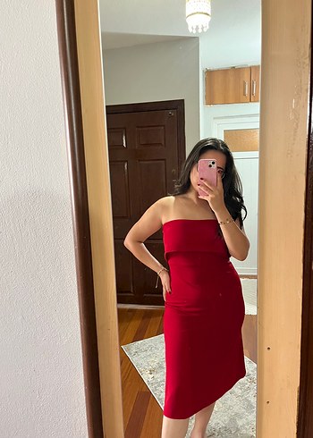 Kırmızı Straplez Midi Elbise - Görsel 2