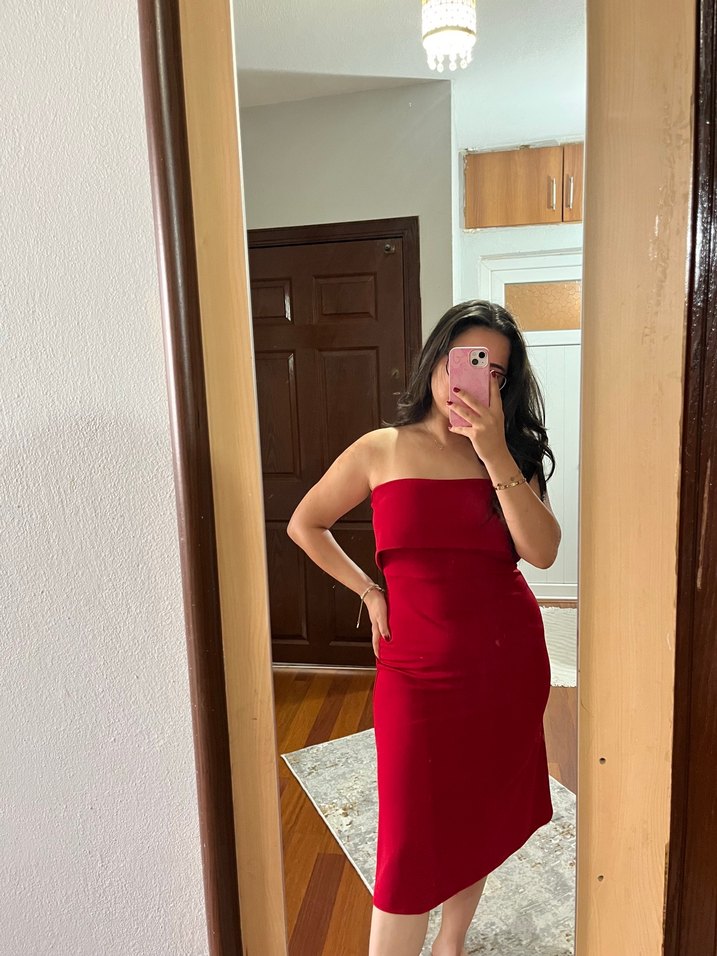 Kırmızı Straplez Midi Elbise - Görsel 2