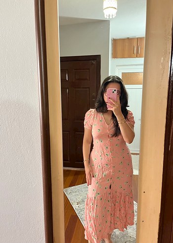 Pembe V Yaka Midi Bohem Elbise - Görsel 2