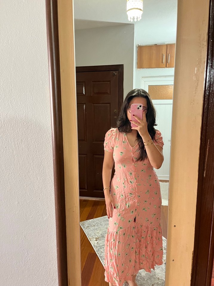 Pembe V Yaka Midi Bohem Elbise - Görsel 2