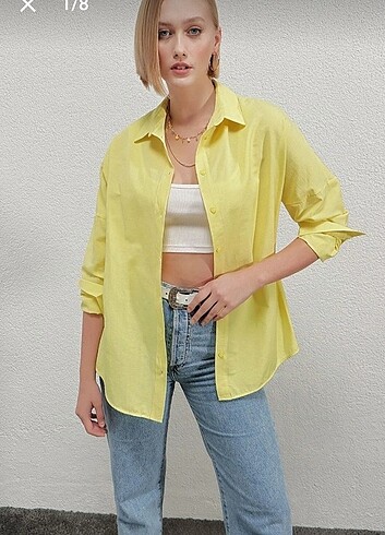 Kadın Sarı Oversize Uzun Basic Gömlek 
