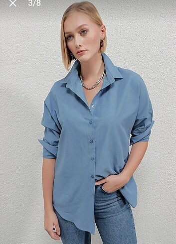 38 Beden Kadın İndigo Mavi Oversize Uzun Basic Gömlek