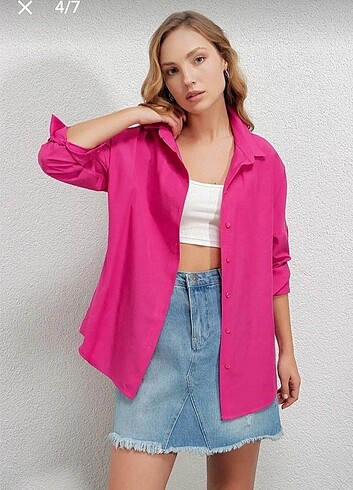 38 Beden Kadın koyu pembe Oversize Uzun Basic Gömlek